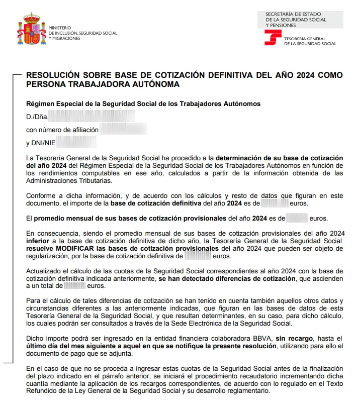 Notificación de regularización de cuotas de la Seguridad Social mostrando resultado a pagar