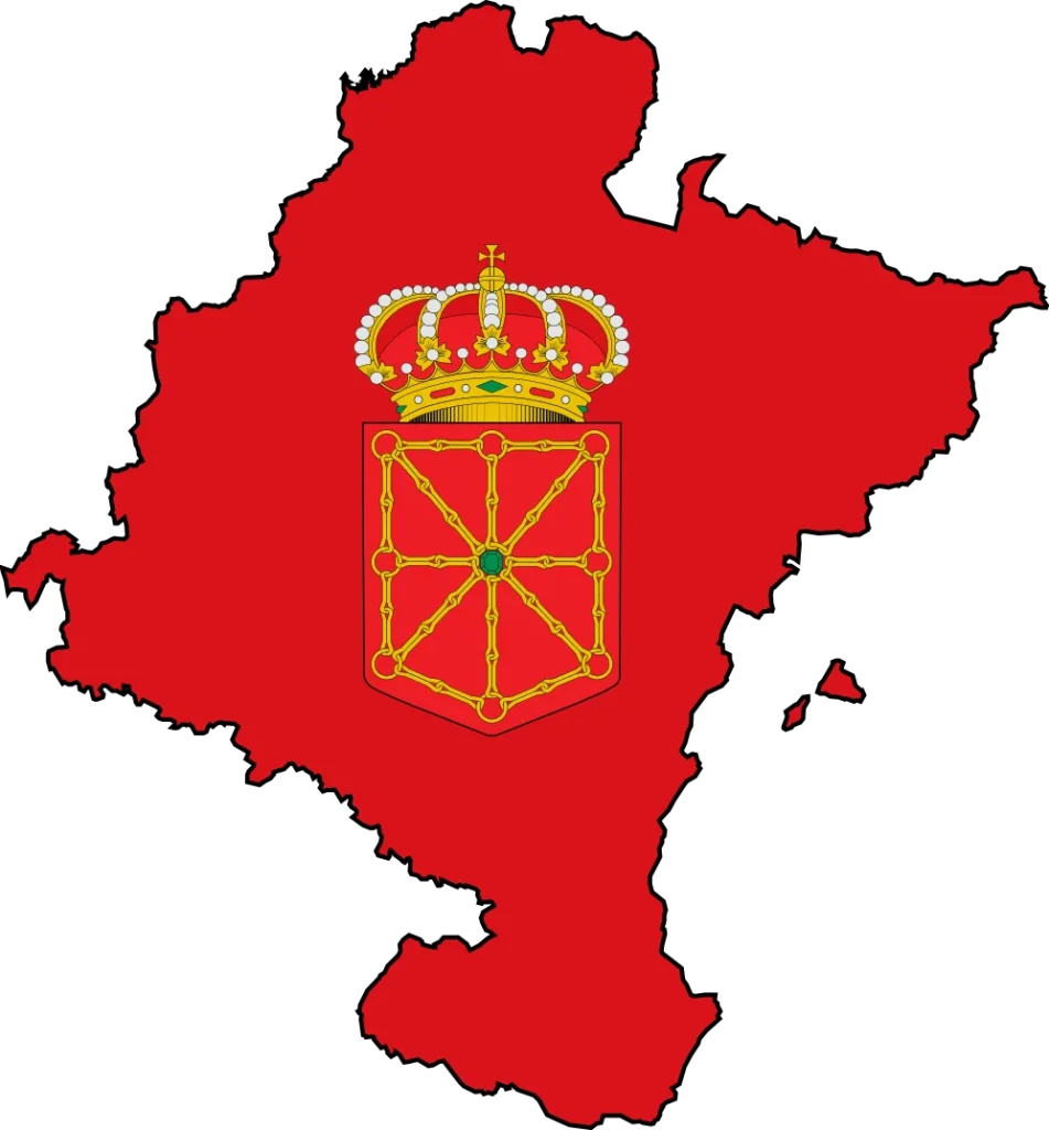Silueta del territorio de Navarra en color rojo, con el escudo de Navarra centrado: cadenas doradas formando un emblema con una esmeralda verde en el centro y una corona real en la parte superior, sobre fondo negro.