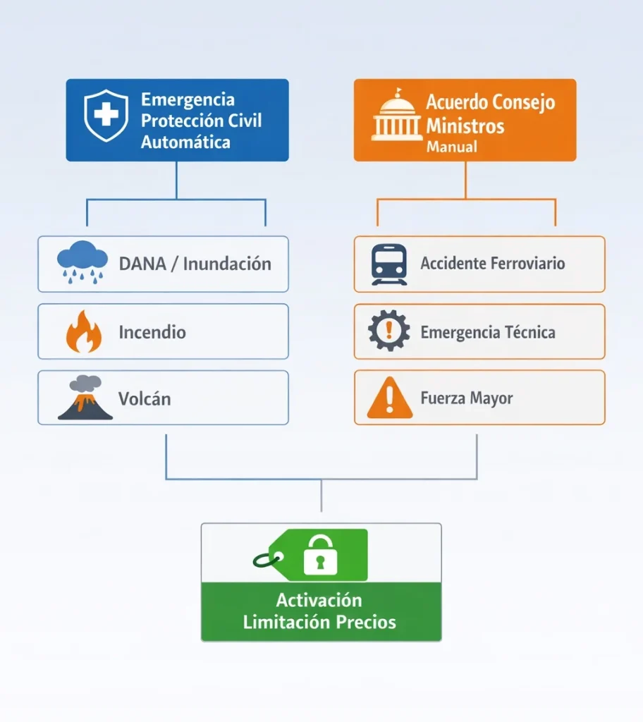 Diagrama de situaciones que activan la limitación de precios en emergencias